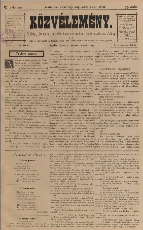 Közvélemény, 3. évf. 1888. augusztus 26. 35. sz.