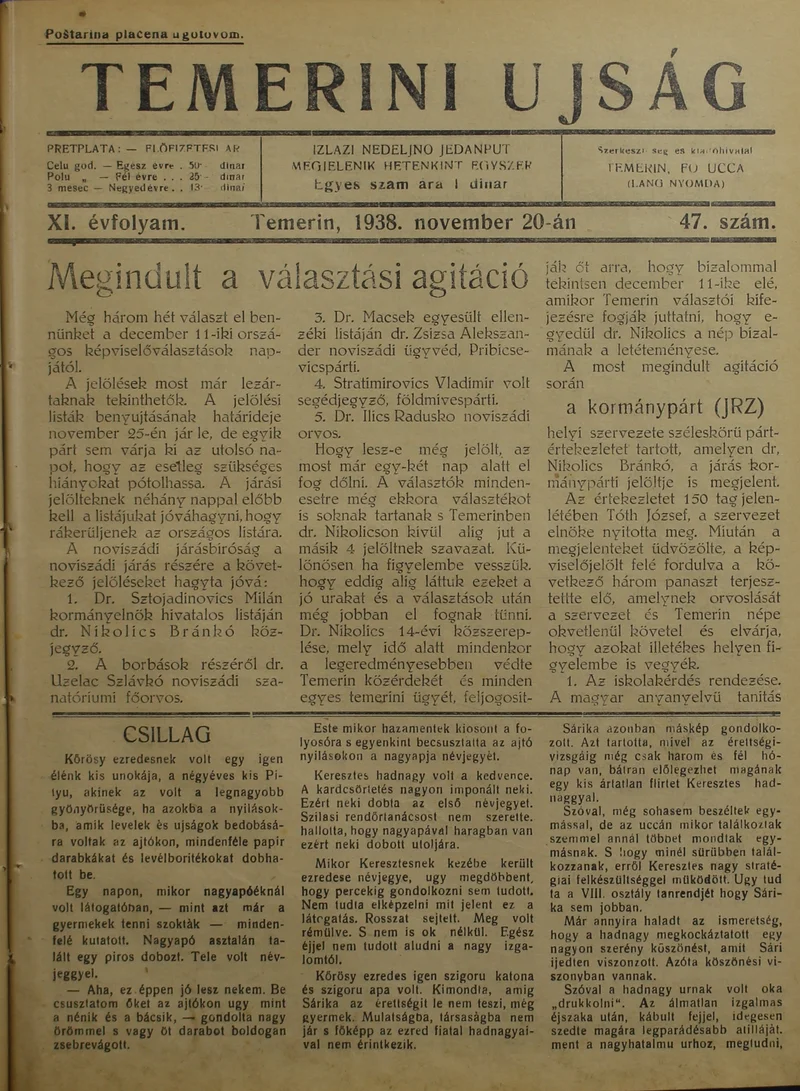 Temerini Újság 1928-1944, 11. évf. 1938. november 20. 47. sz.