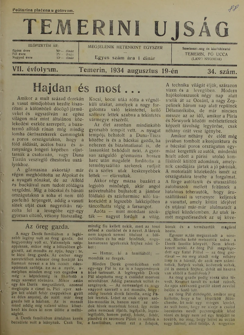 Temerini Újság 1928-1944, 7. évf. 1934. augusztus 19. 34. sz.
