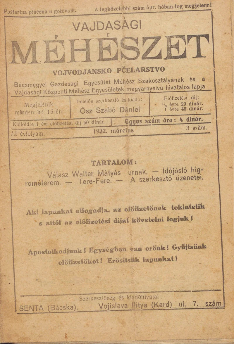 Vajdasági méhészet, 7. évf. 1932. március 1. 3. sz.