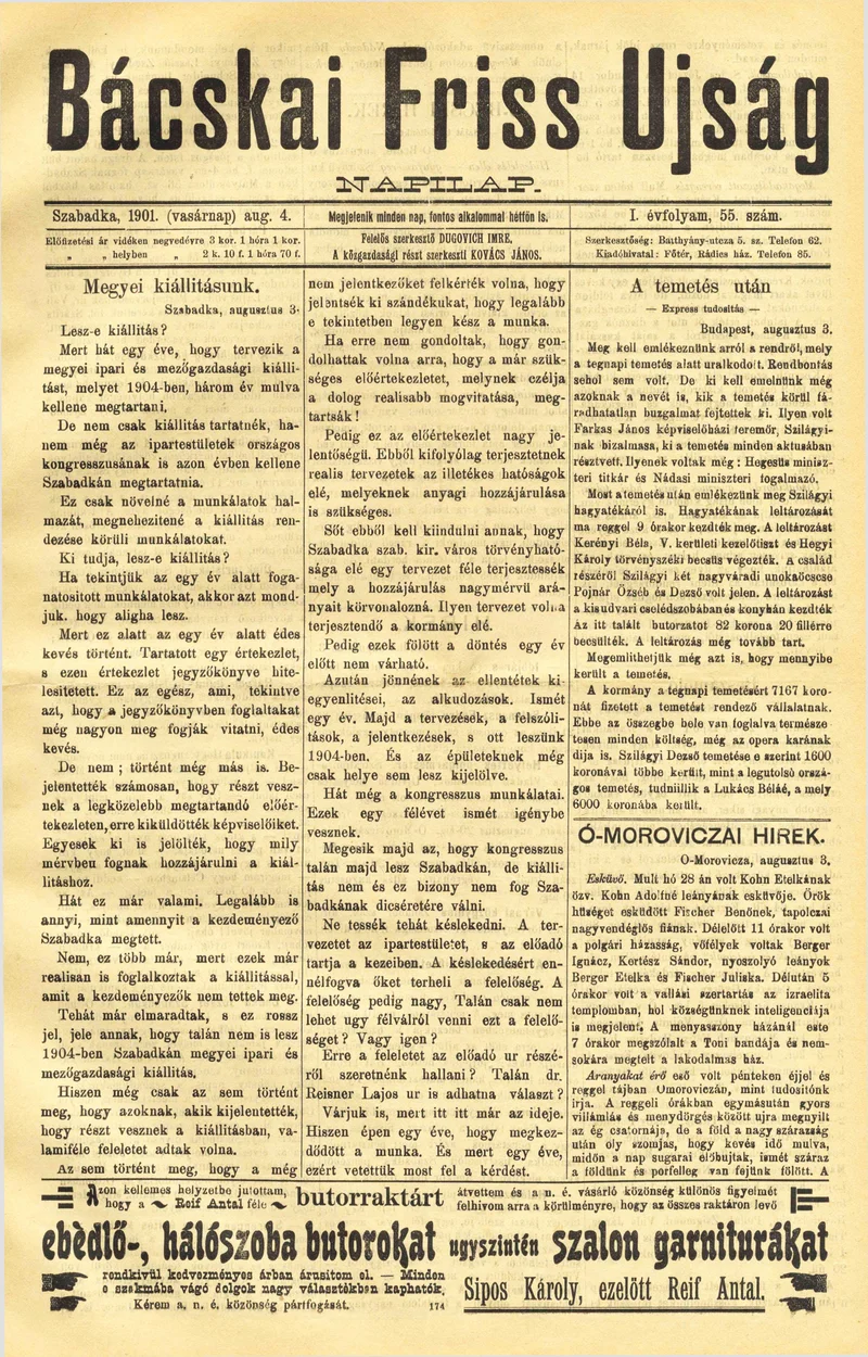 Bácskai Friss Ujság, 1. évf. 1901. augusztus 4. 55. sz.