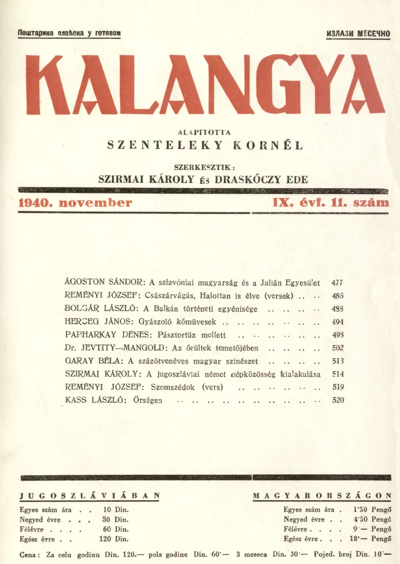 Kalangya, 9. évf. 1940. november. 11. sz. 477–523. oldal