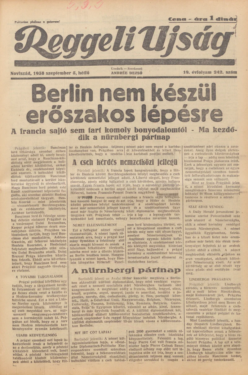 Reggeli Újság, 19. évf. 1938. szeptember 5. 242. sz.
