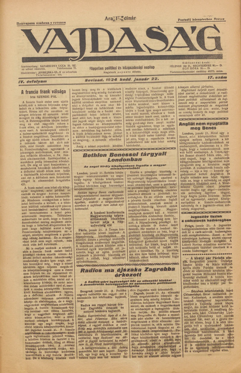 Vajdaság, 4. évf. 1924. január 22. 17. sz.