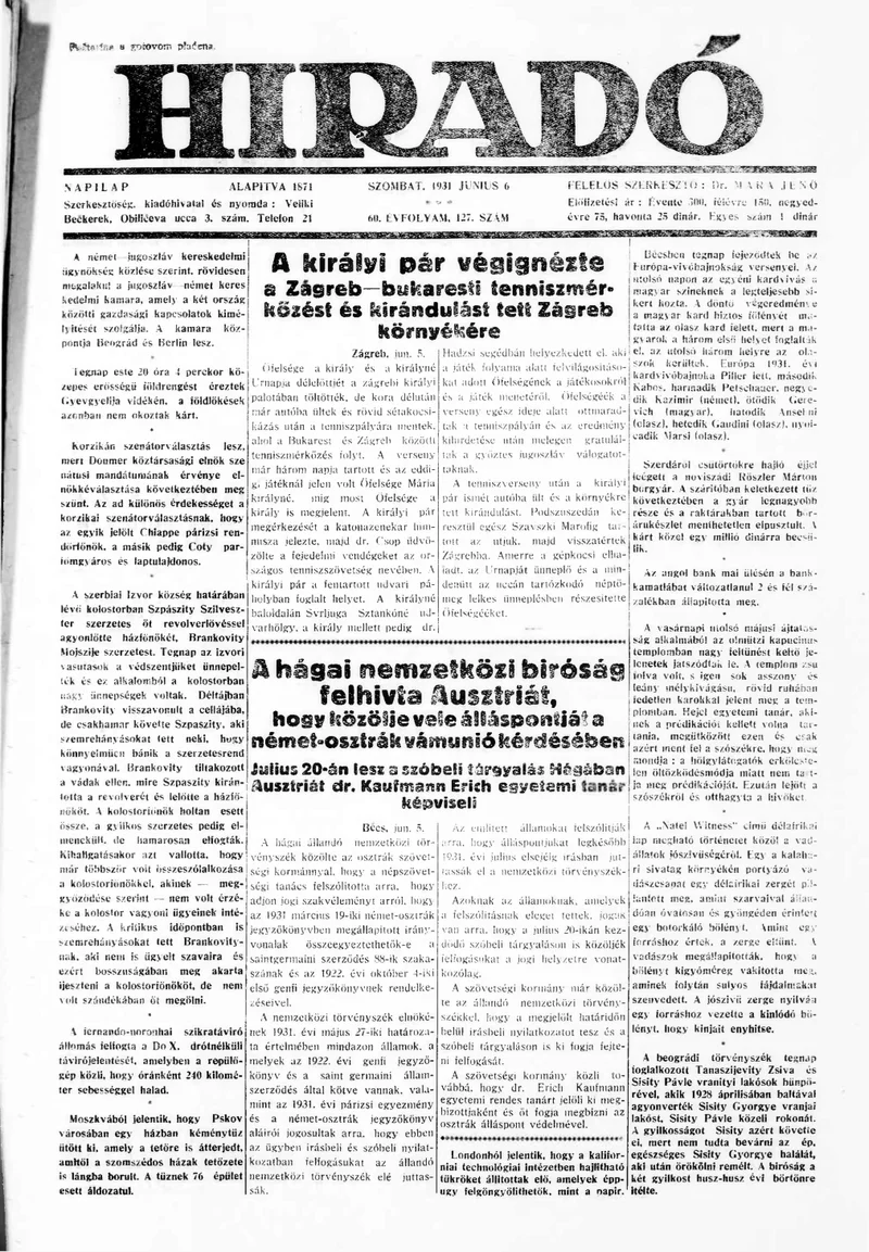 Híradó, 60. évf. 1931. június 6. 127. sz.