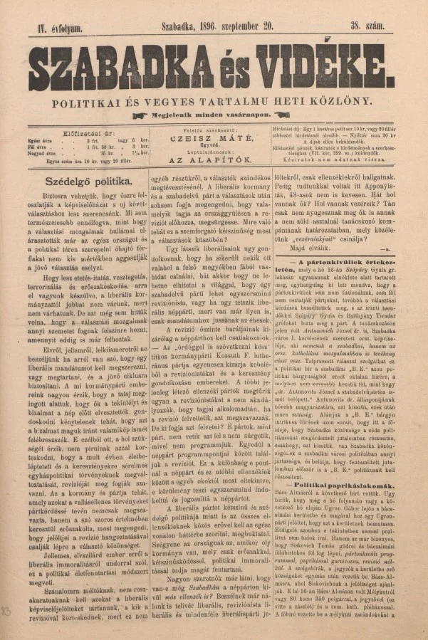 Szabadka és vidéke II, 4. évf. 1896. szeptember 20. 38. sz.
