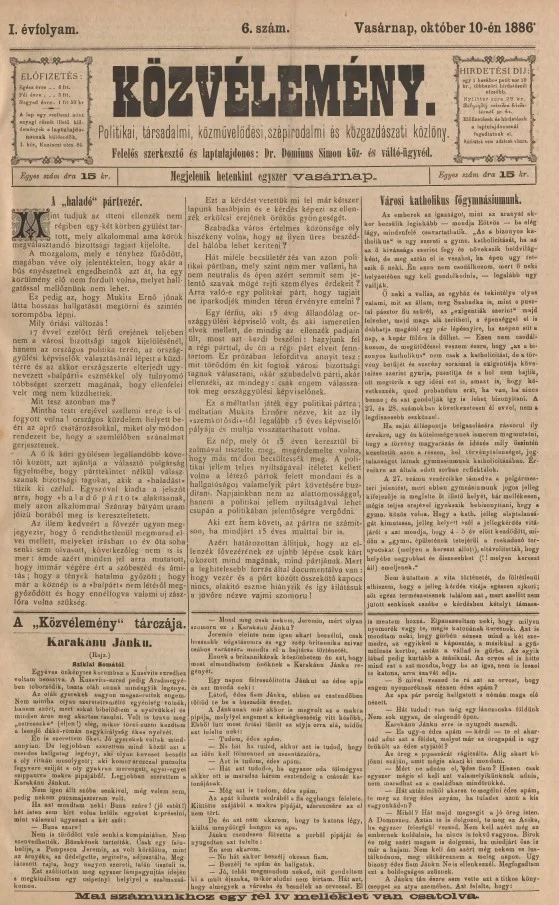 Közvélemény, 1. évf. 1886. október 10. 6. sz.
