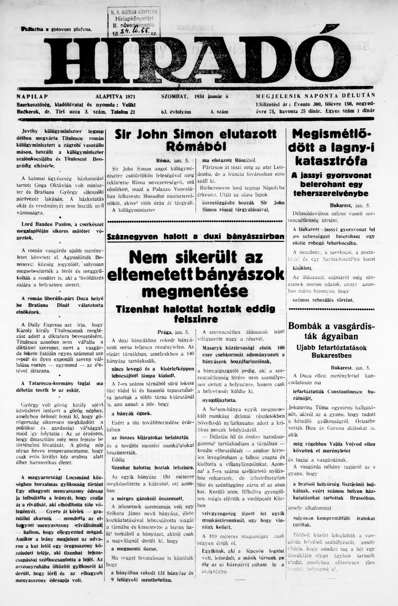 Híradó, 63. évf. 1934. január 6. 4. sz.