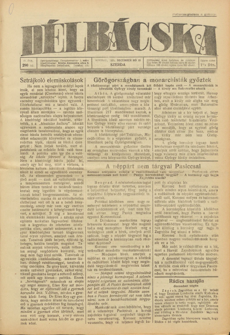 Délbácska, 4. évf. 1923. december 19. 290. sz.