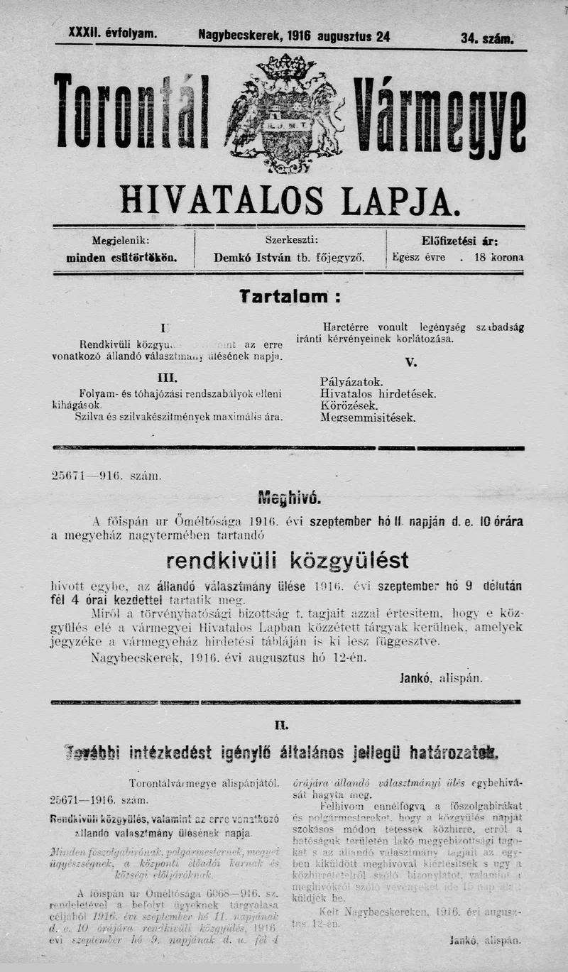 Torontál Vármegye Hivatalos Lapja, 32. évf. 1916. augusztus 24. 34. sz.