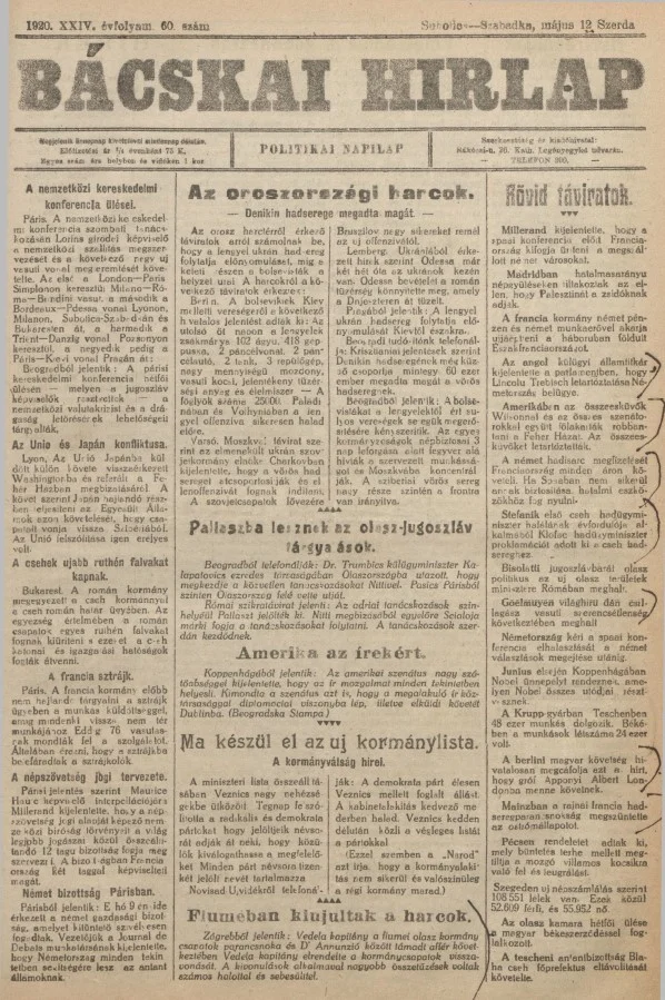 Bácskai Hirlap, 24. évf. 1920. május 12. 60. sz.