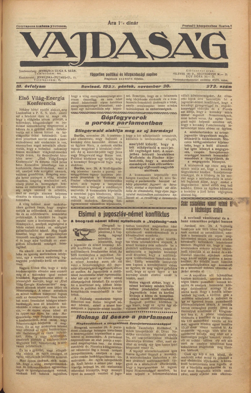 Vajdaság, 3. évf. 1923. november 30. 273. sz.