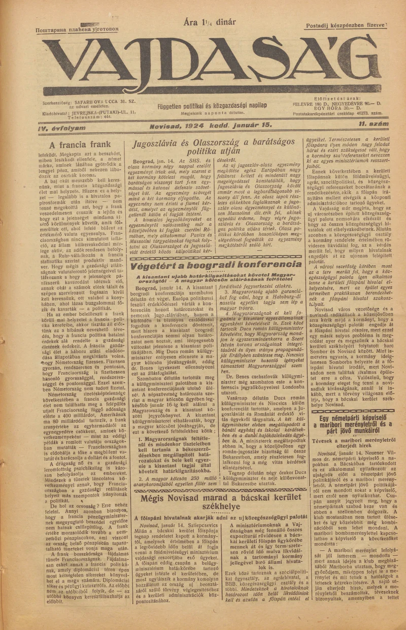 Vajdaság, 4. évf. 1924. január 15. 11. sz.