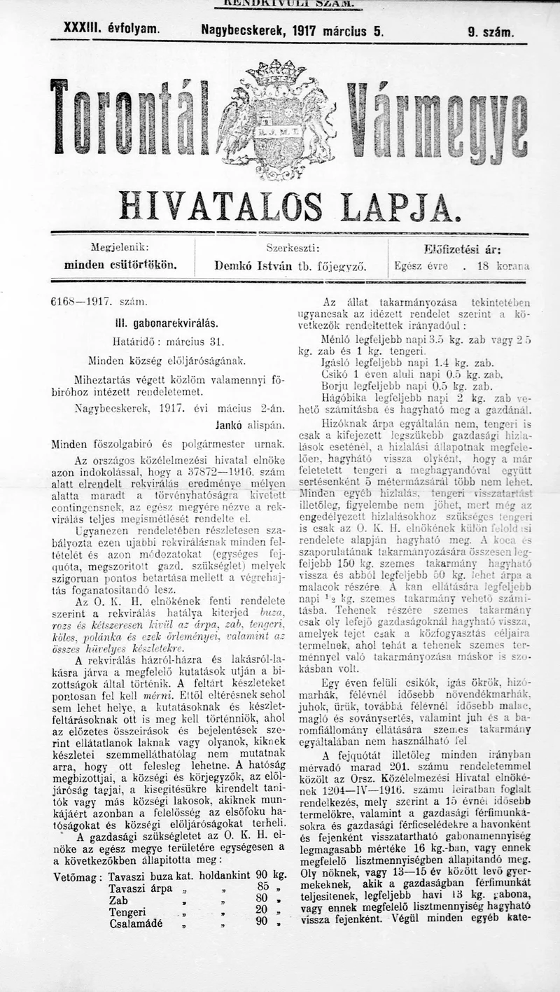 Torontál Vármegye Hivatalos Lapja, 33. évf. 1917. március 5. 9. sz.