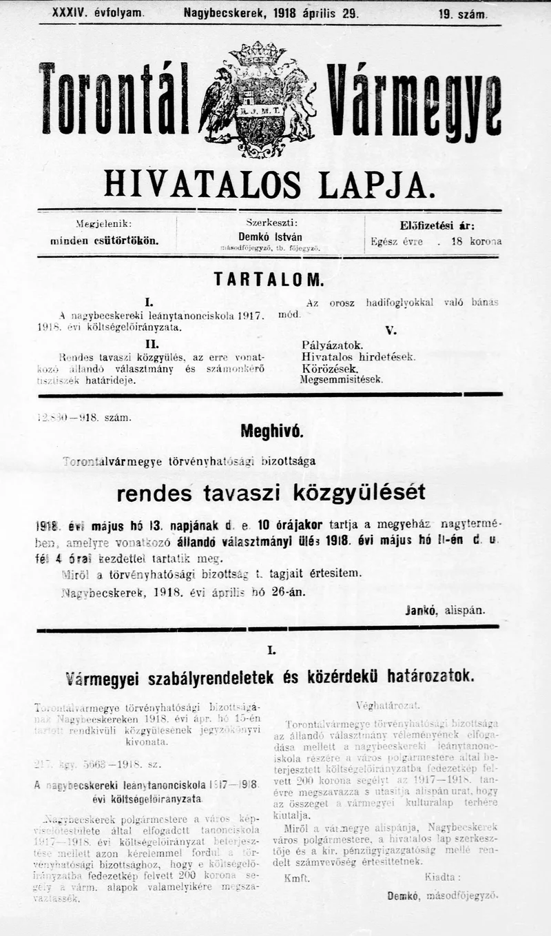 Torontál Vármegye Hivatalos Lapja, 34. évf. 1918. április 29. 19. sz.
