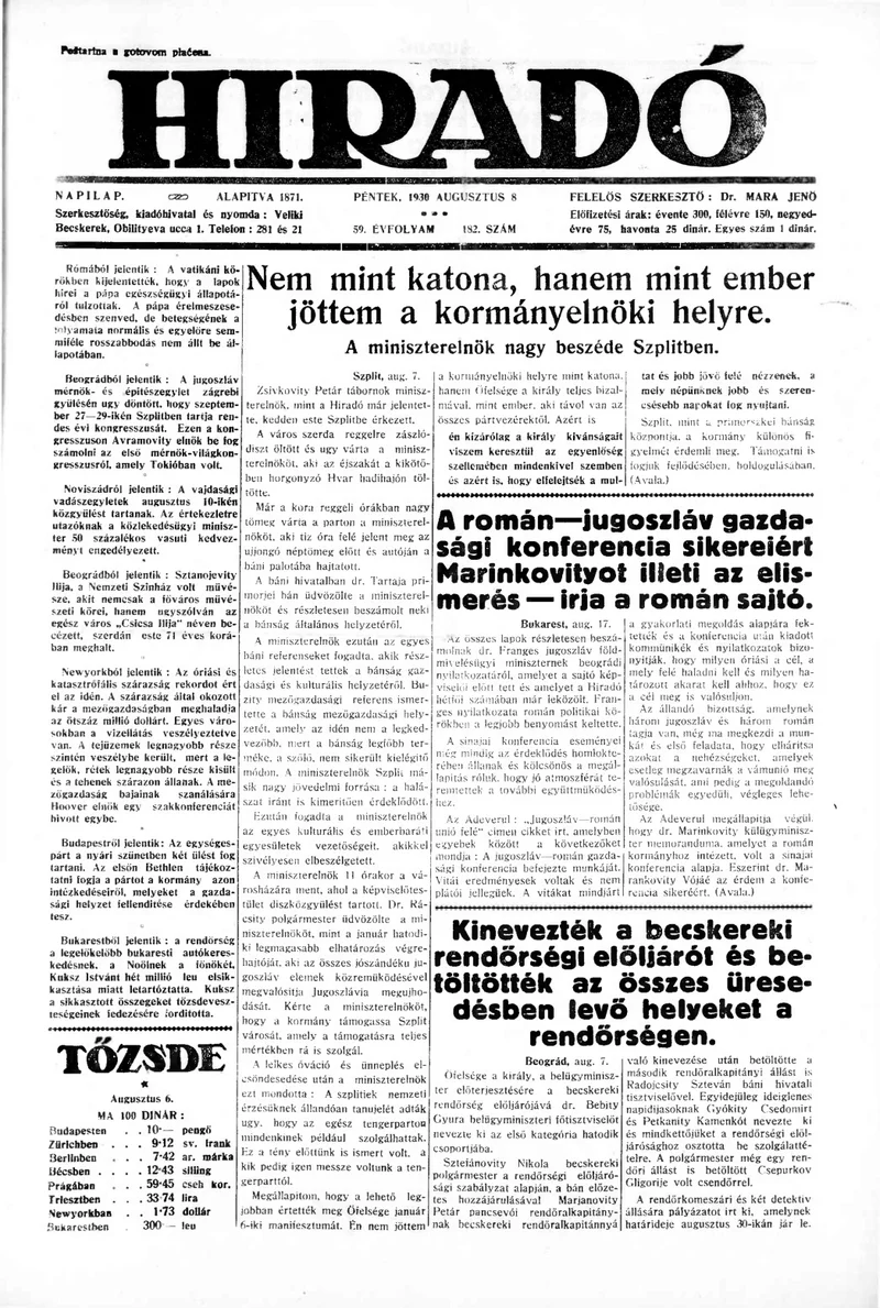 Híradó, 59. évf. 1930. augusztus 8. 182. sz.