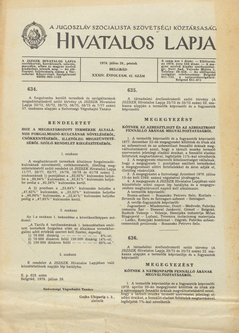 A Jugoszláv Szocialista Szövetségi Köztársaság Hivatalos Lapja, 34. évf. 1978. július 28. 42. sz. 1881–1884. oldal