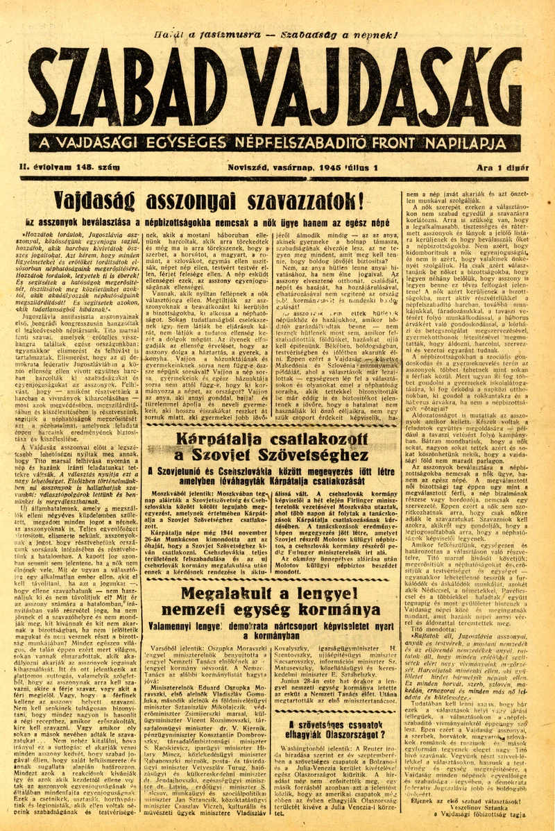 Szabad Vajdaság, 2. évf. 1945. július 1. 148. sz.