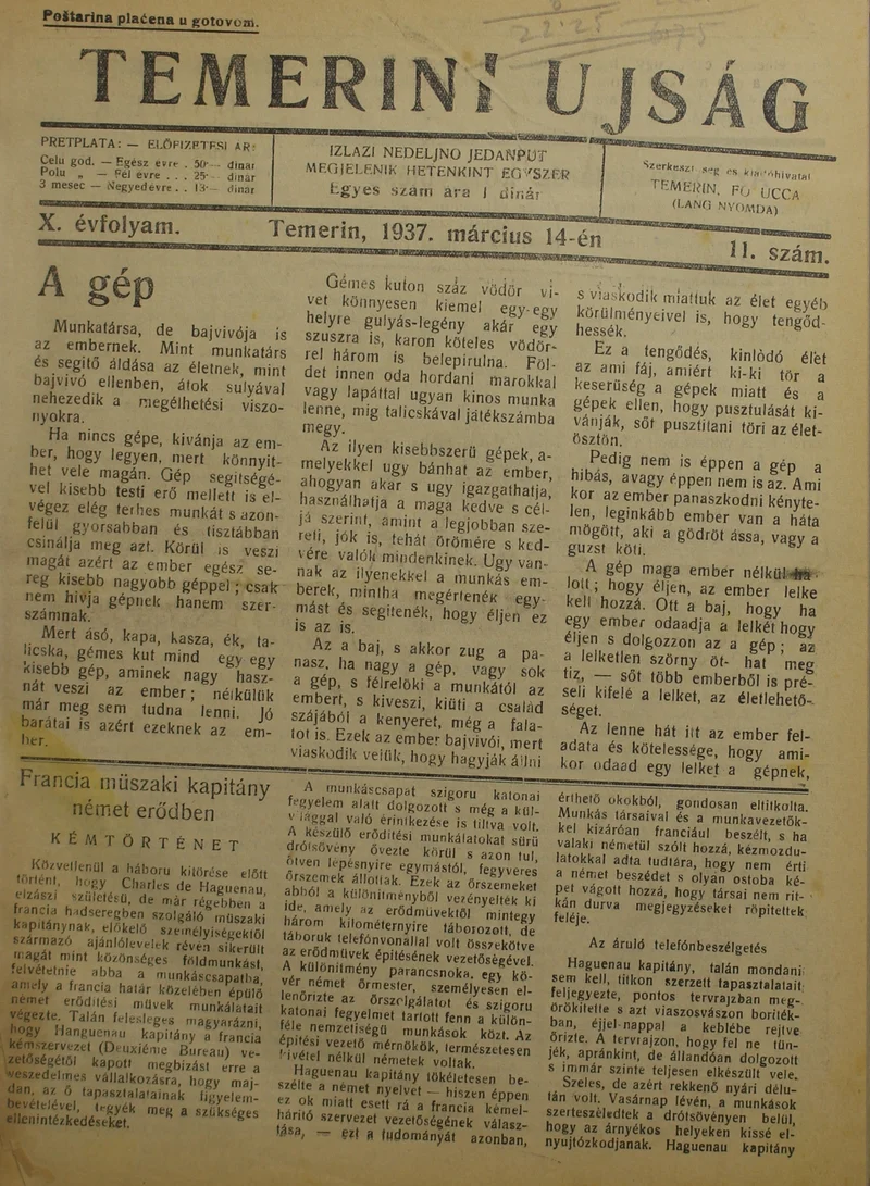 Temerini Újság 1928-1944, 10. évf. 1937. március 14. 11. sz.