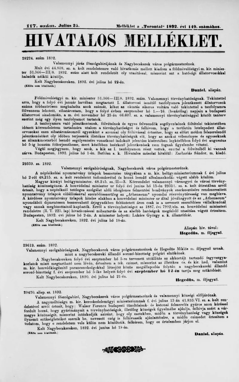 A Totontál  hivatalos melléklete, 5. évf. 1892. július 25. 117. sz.