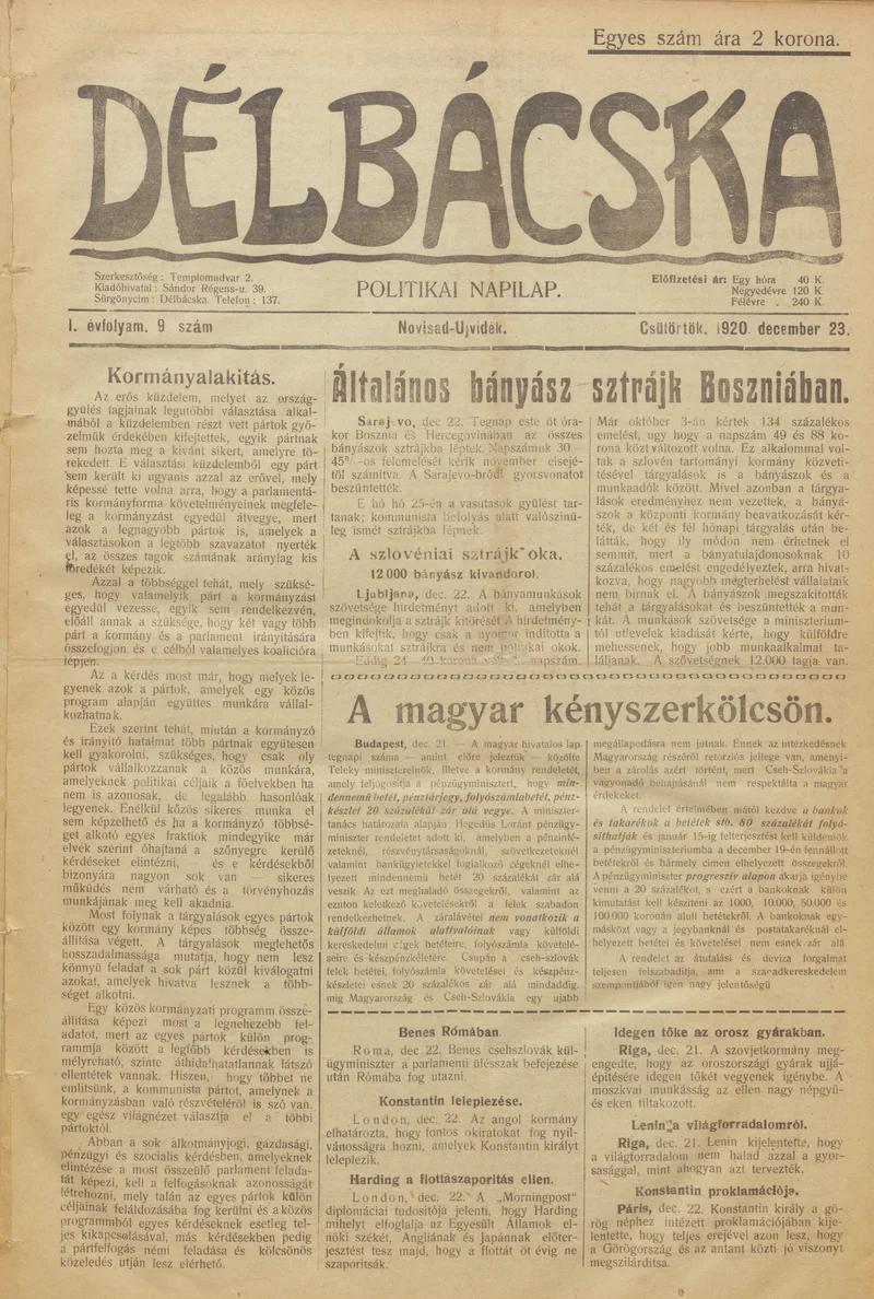 Délbácska, 1. évf. 1920. december 23. 9. sz.