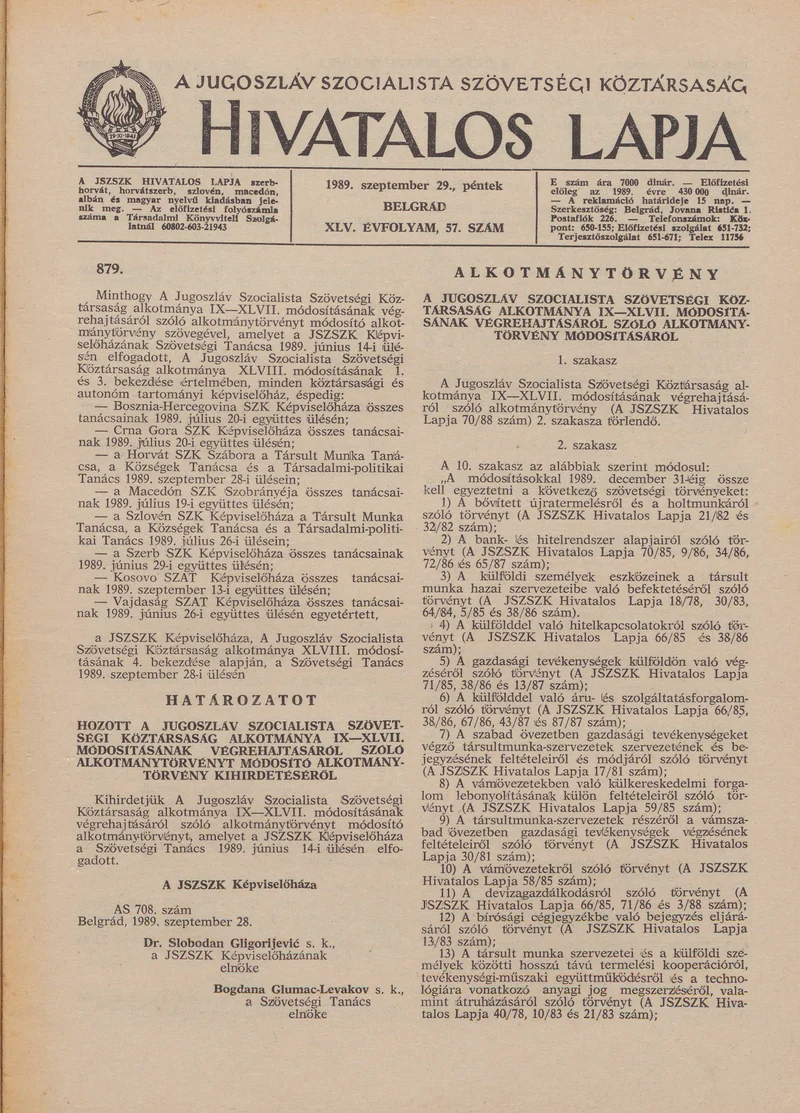 A Jugoszláv Szocialista Szövetségi Köztársaság Hivatalos Lapja, 45. évf. 1989. szeptember 29. 57. sz. 1437–1456. oldal