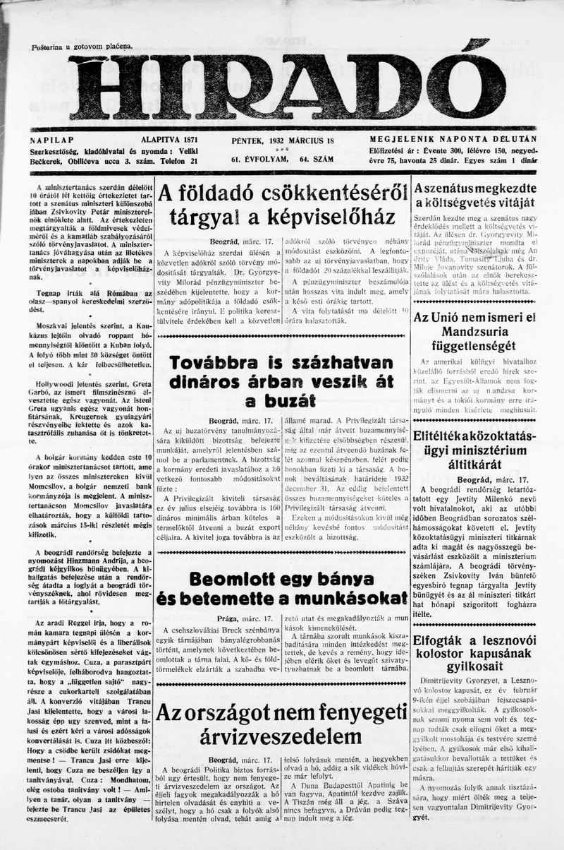 Híradó, 61. évf. 1932. március 18. 64. sz.