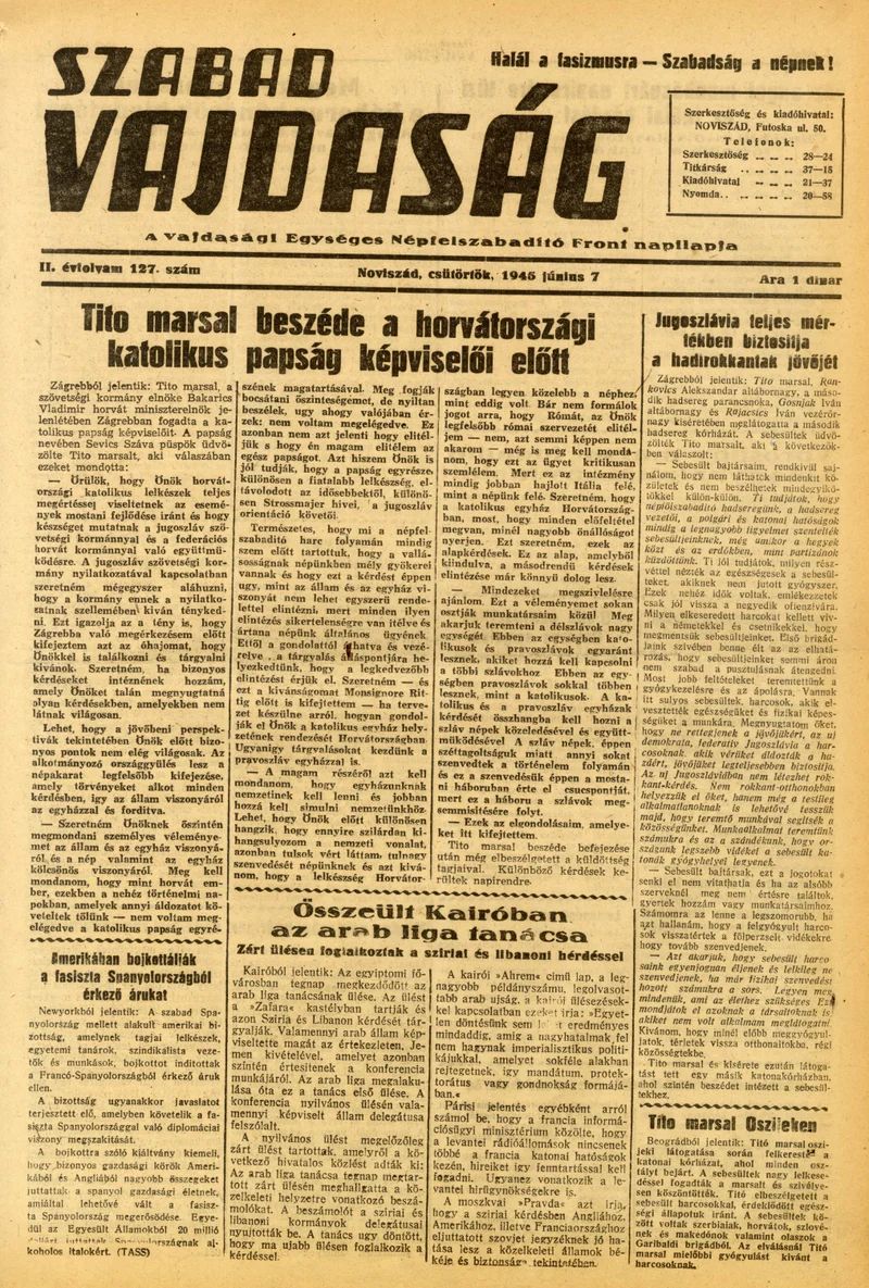 Szabad Vajdaság, 2. évf. 1945. június 7. 127. sz.