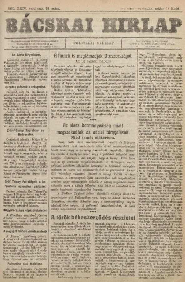 Bácskai Hirlap, 24. évf. 1920. május 18. 65. sz.