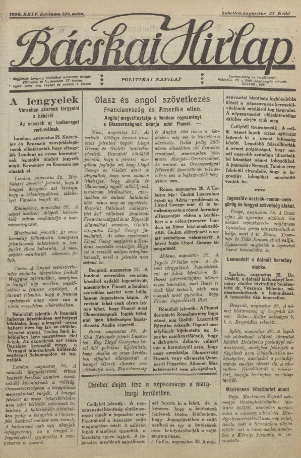 Bácskai Hirlap, 24. évf. 1920. augusztus 31. 138. sz.