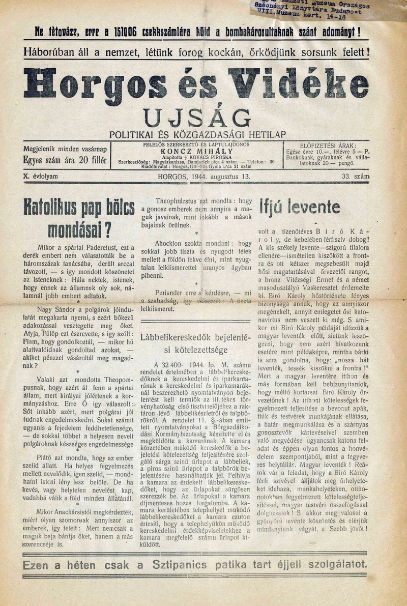 Horgos és vidéke, 9. évf. 1944. augusztus 13. 33. sz.