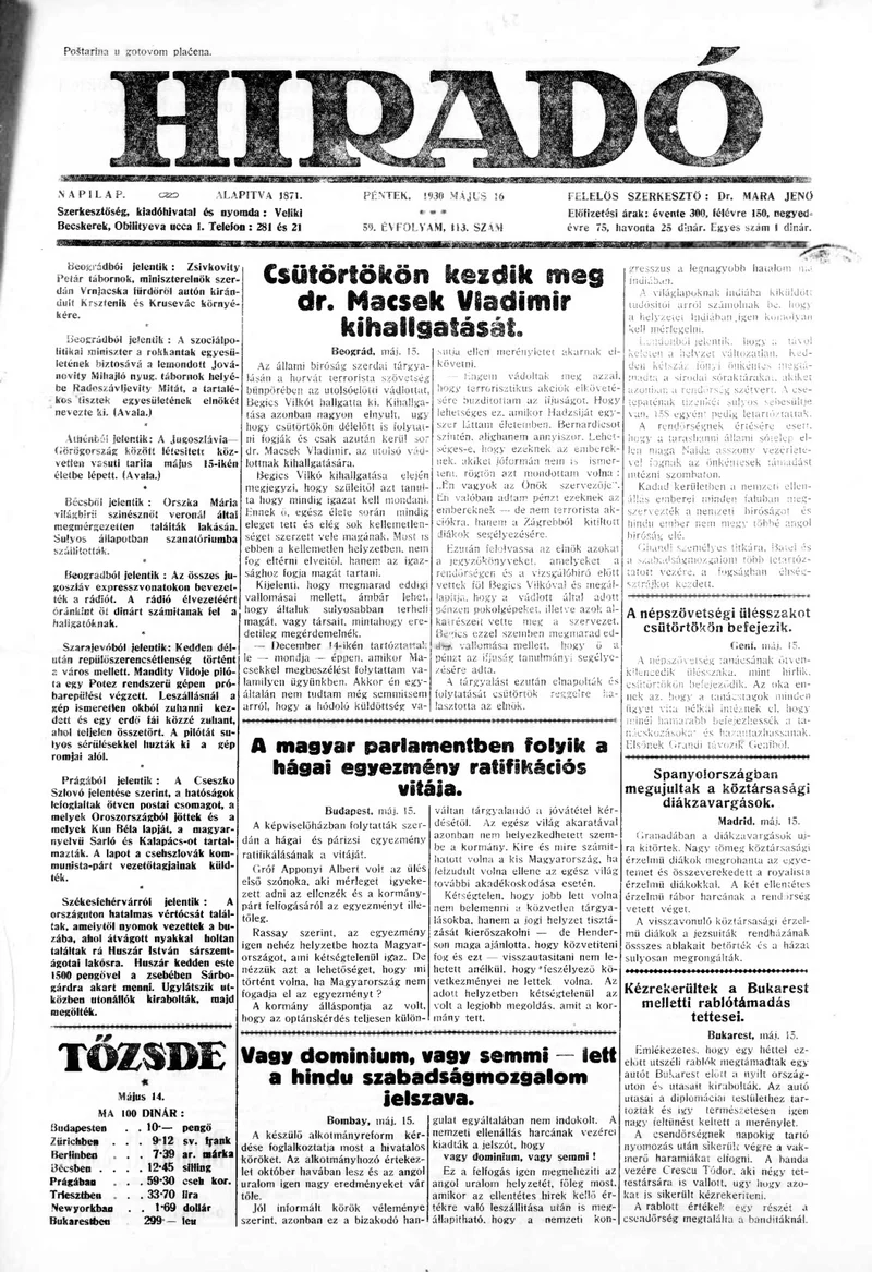 Híradó, 59. évf. 1930. május 16. 113. sz.