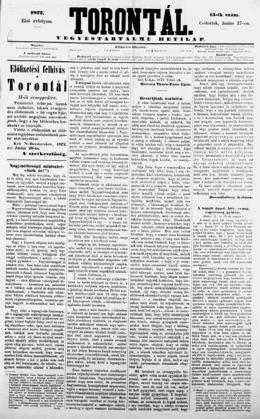 Torontál, 1. évf. 1872. június 27. 13. sz.