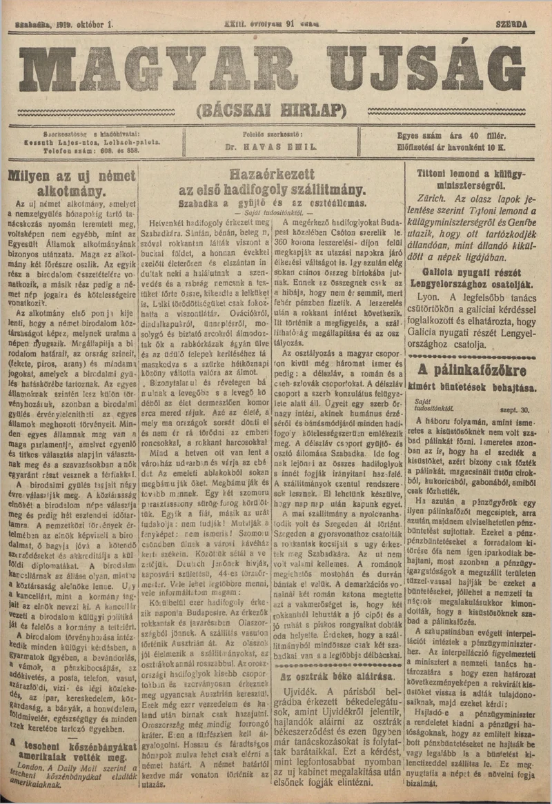 Bácskai Hirlap, 23. évf. 1919. október 1. 91. sz.