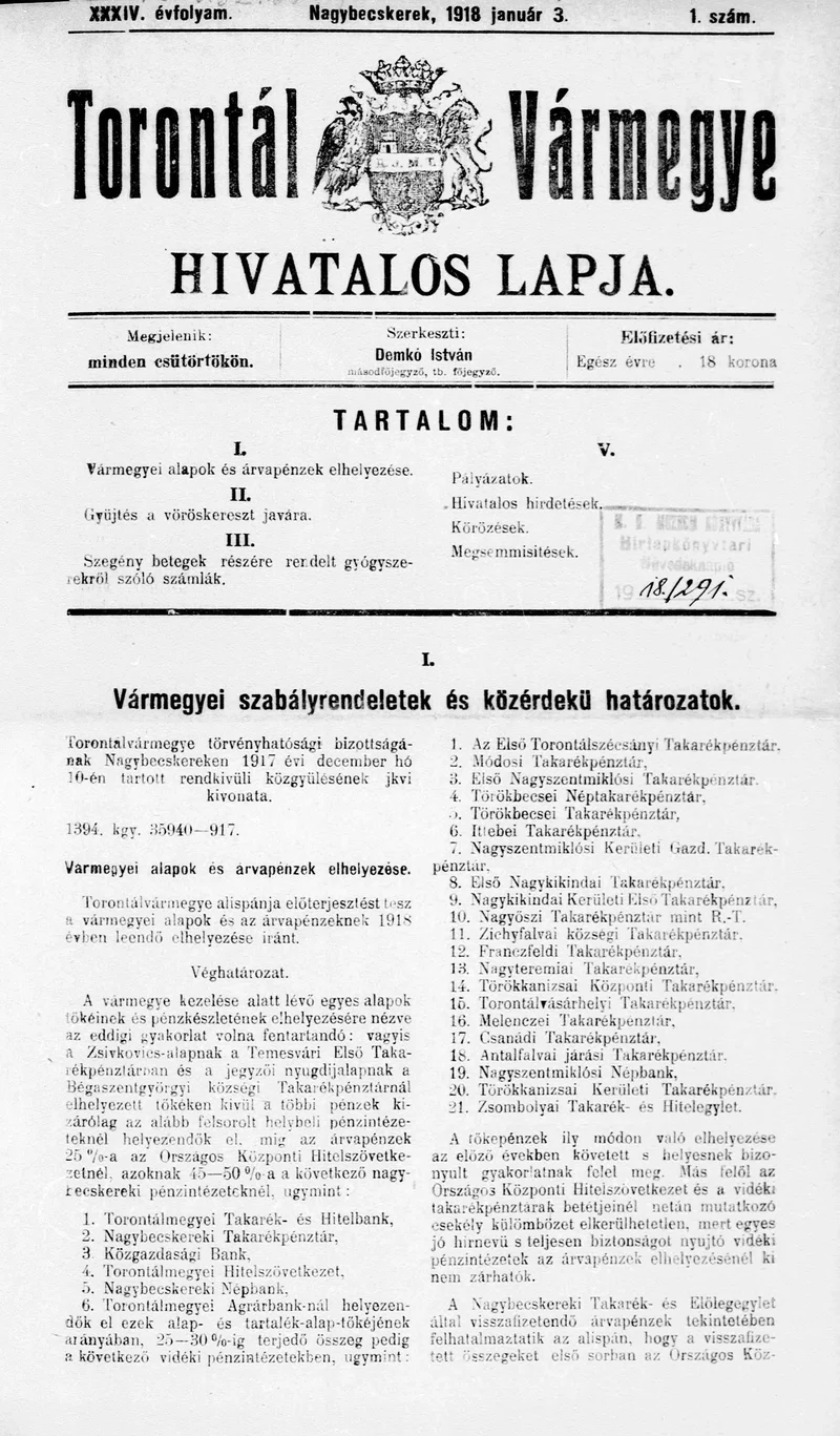 Torontál Vármegye Hivatalos Lapja, 34. évf. 1918. január 3. 1. sz.