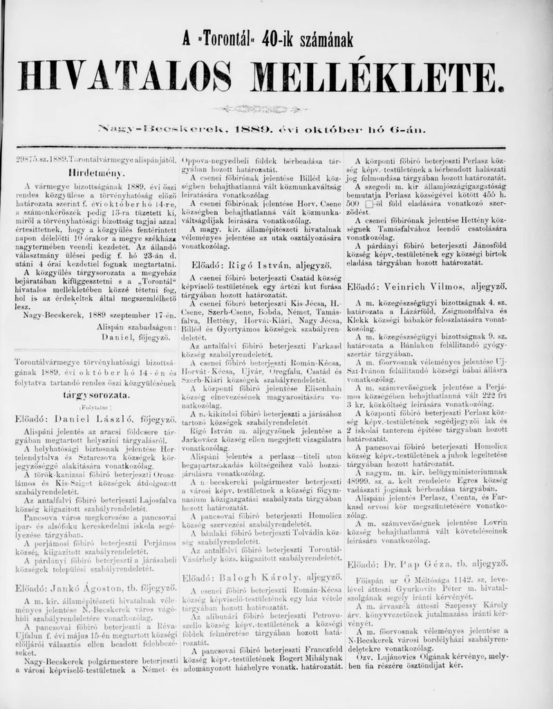 A Totontál  hivatalos melléklete, 2. évf. 1889. október 6. 40. sz.