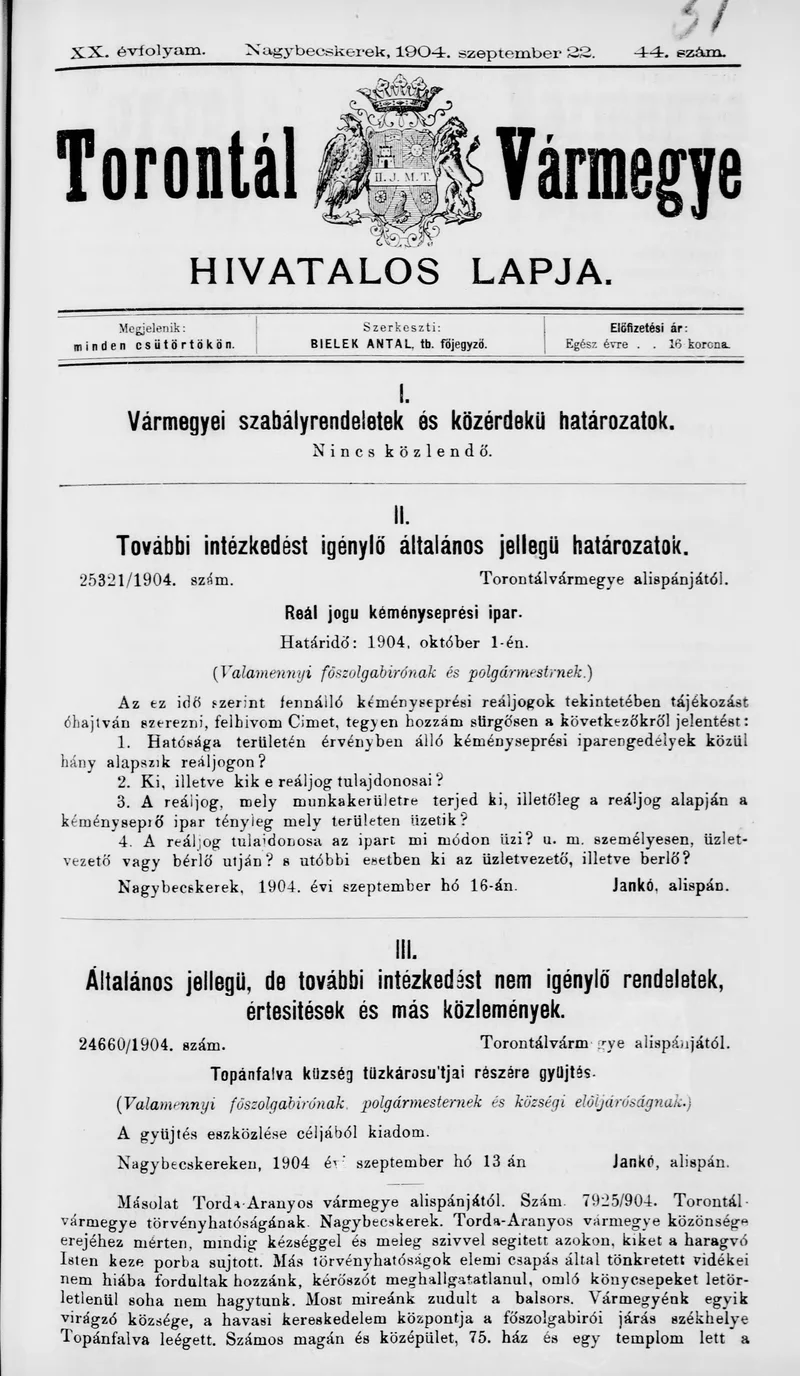 Torontál Vármegye Hivatalos Lapja, 20. évf. 1904. szeptember 22. 44. sz.