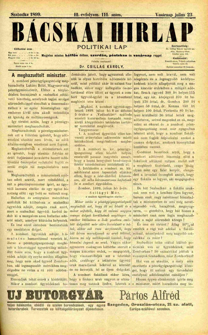 Bácskai Hirlap, 3. évf. 1899. július 23. 111. sz.