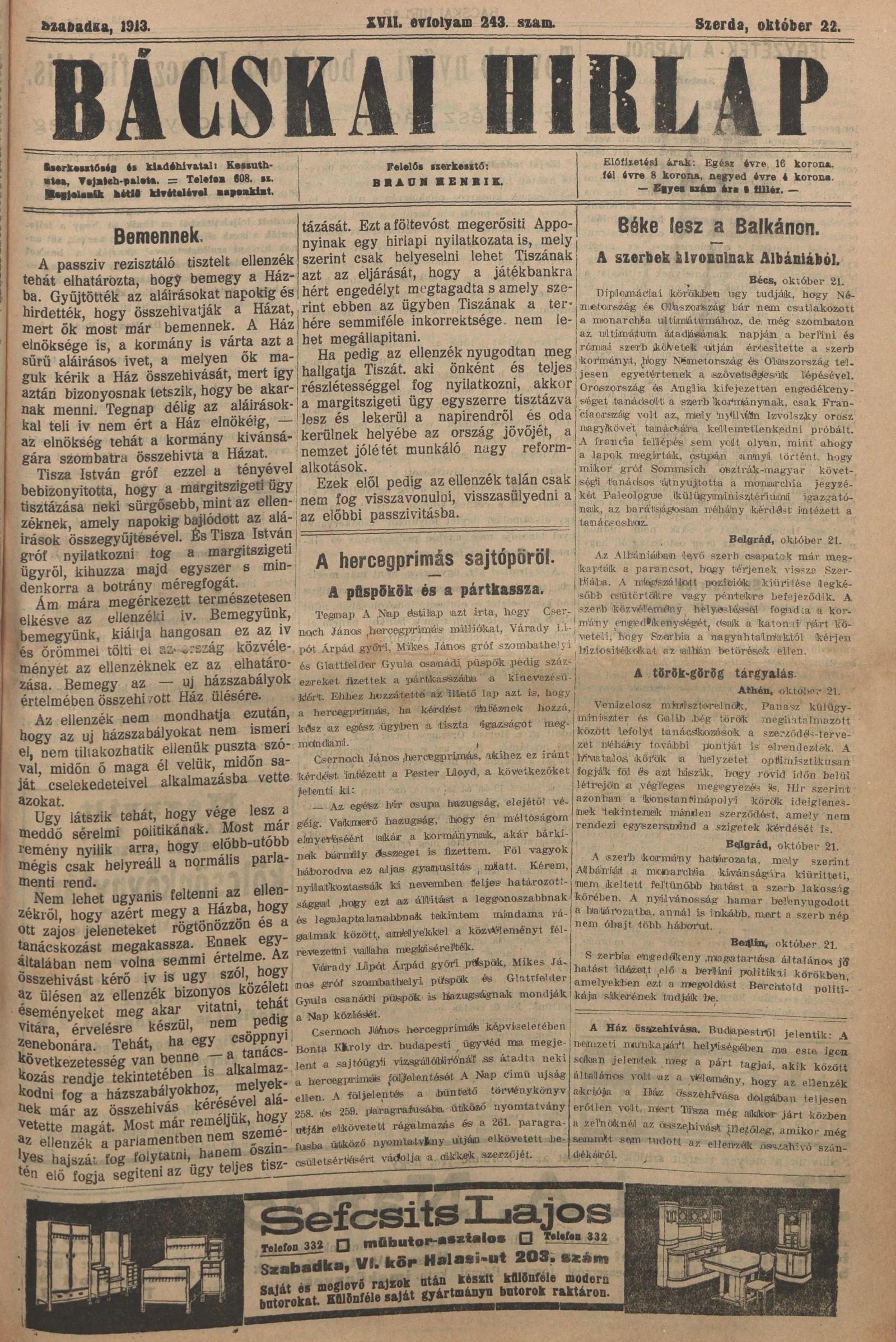 Bácskai Hirlap, 17. évf. 1913. október 22. 243. sz.