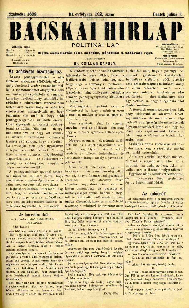 Bácskai Hirlap, 3. évf. 1899. július 7. 102. sz.