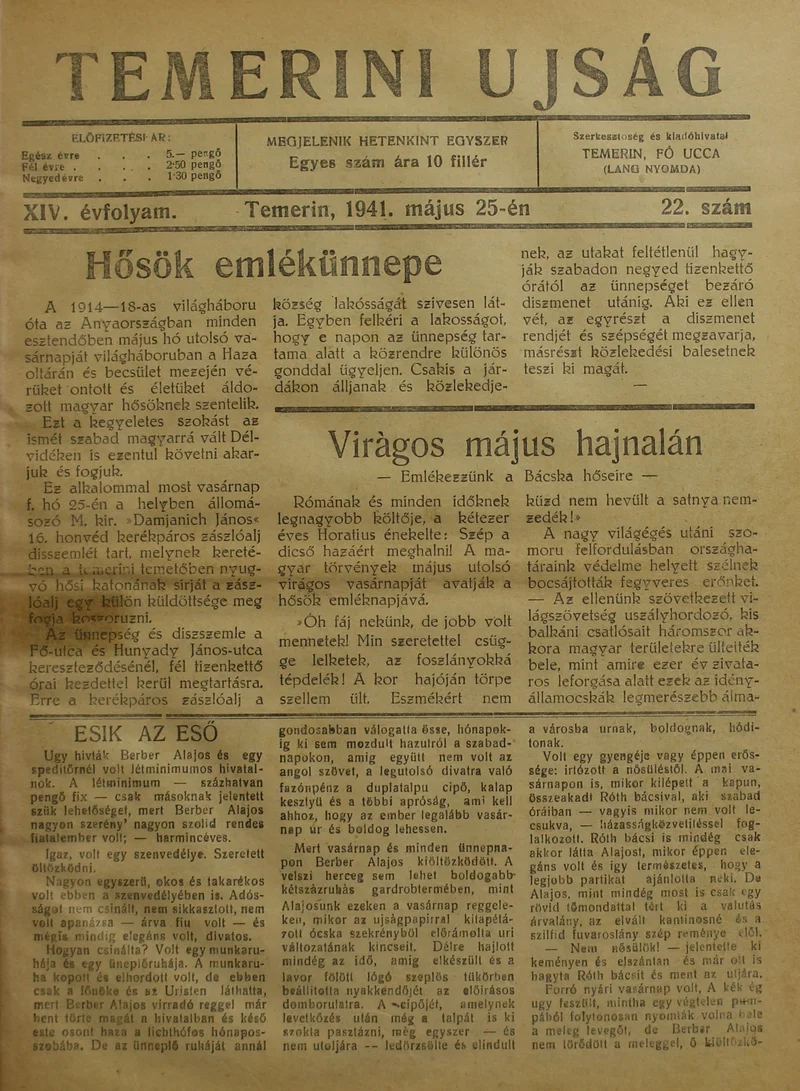 Temerini Újság 1928-1944, 14. évf. 1941. május 25. 22. sz.