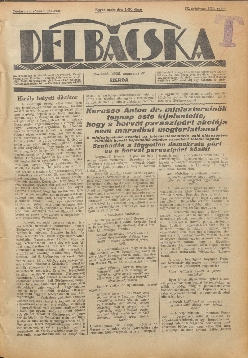 Délbácska, 9. évf. 1928. augusztus 22. 195. sz.