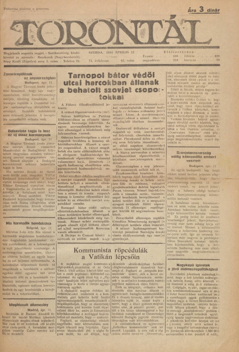 Torontál, 73. évf. 1944. április 12. 82. sz.