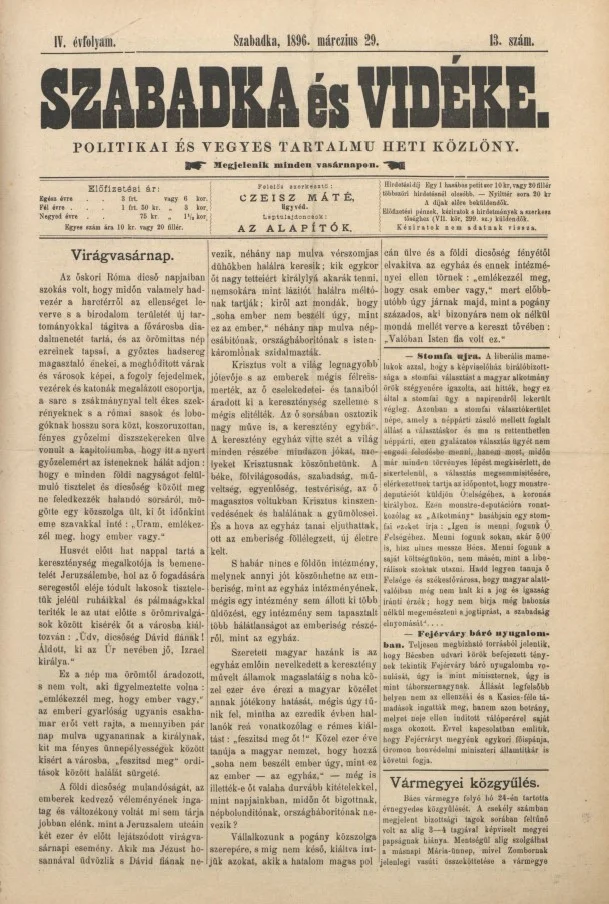 Szabadka és vidéke II, 4. évf. 1896. március 29. 13. sz.