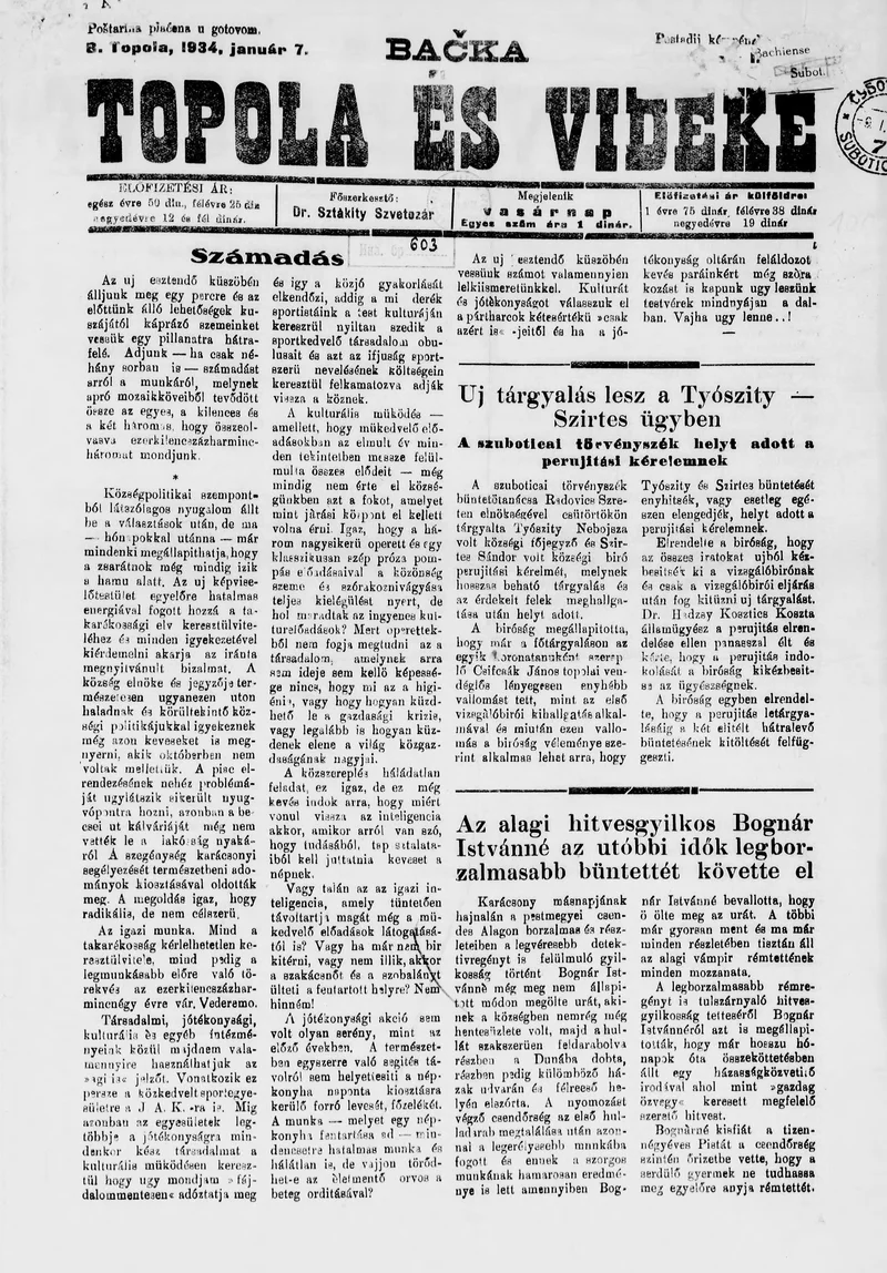 Bačka Topola és Vidéke, 11. évf. 1934. január 7. 1. sz.