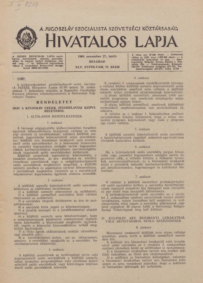 A Jugoszláv Szocialista Szövetségi Köztársaság Hivatalos Lapja, 45. évf. 1989. november 27. 75. sz.