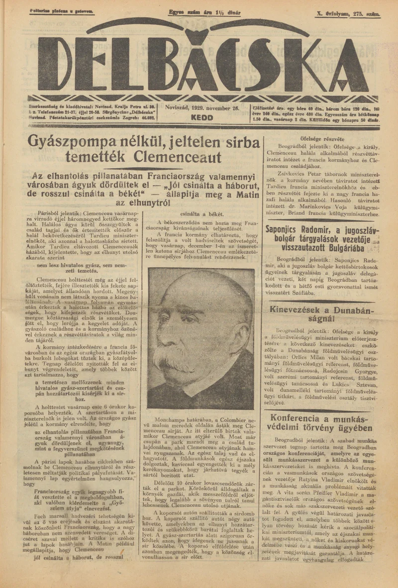 Délbácska, 10. évf. 1929. november 26. 275. sz.