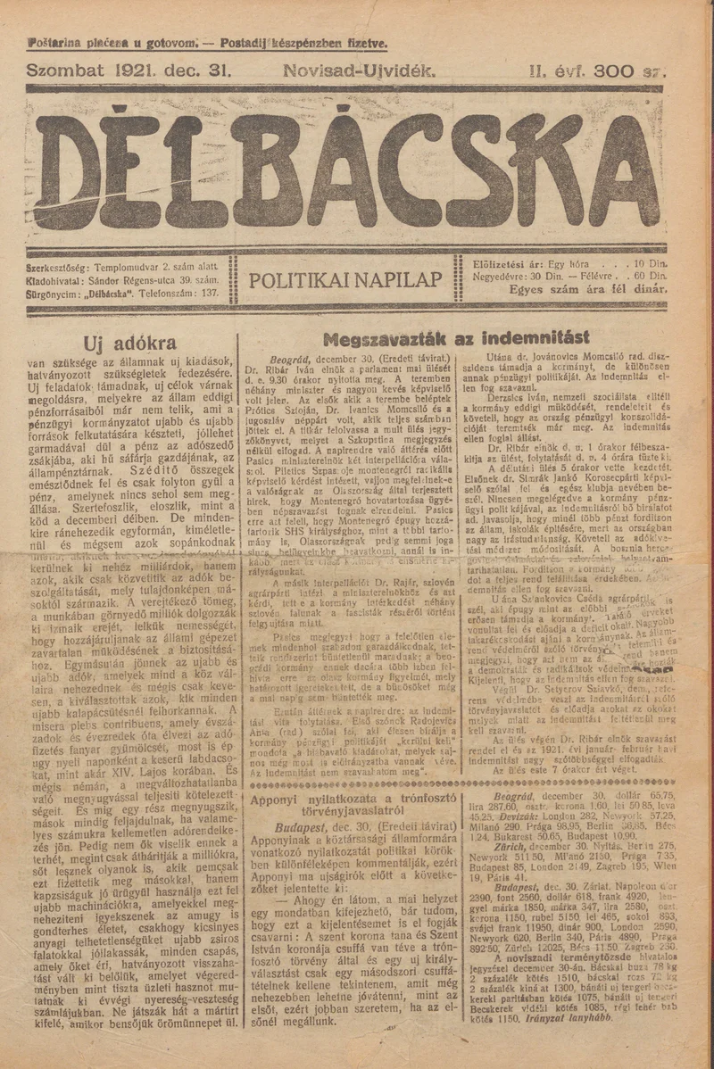 Délbácska, 2. évf. 1921. december 31. 300. sz.