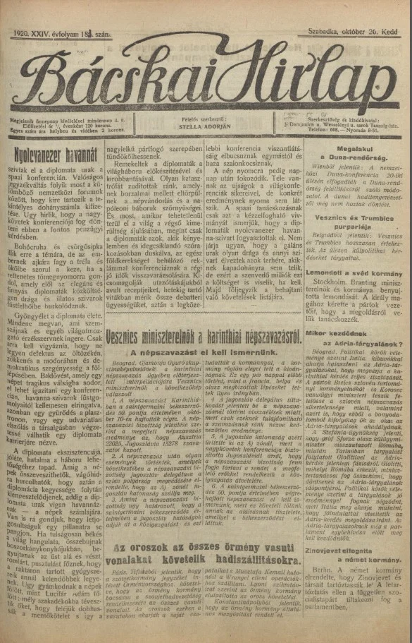 Bácskai Hirlap, 24. évf. 1920. október 26. 183. sz.