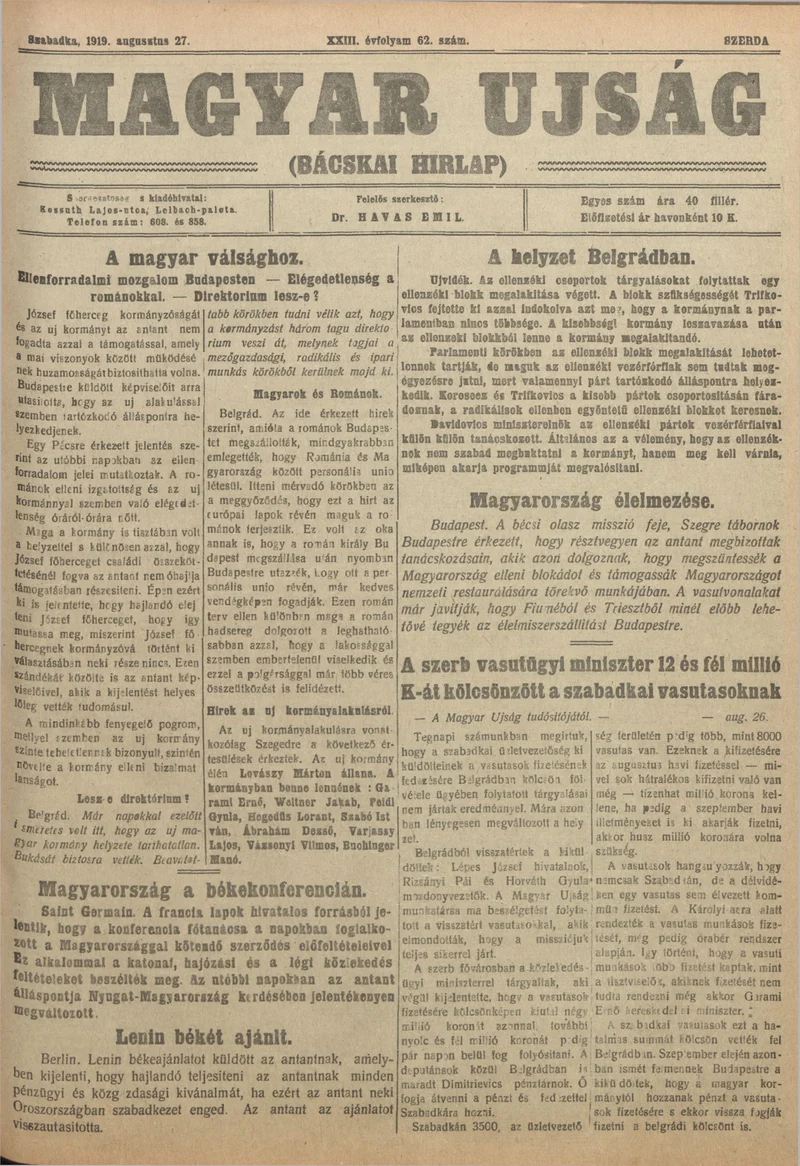 Bácskai Hirlap, 23. évf. 1919. augusztus 27. 62. sz.